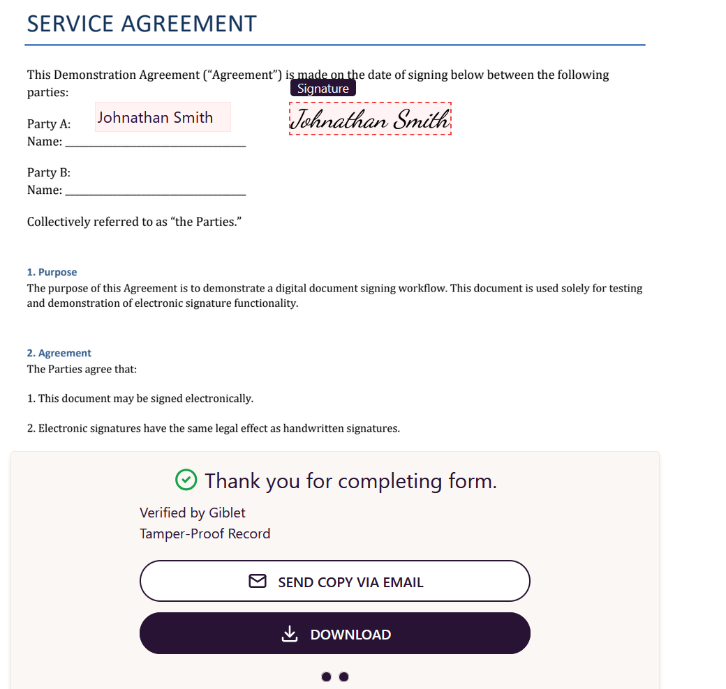 Completed document screen